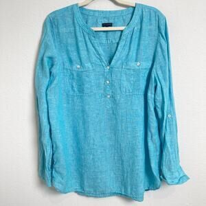 Talbots 100% Linen Turquoise Button Front Tunic Blouse Size Large Lightweight
